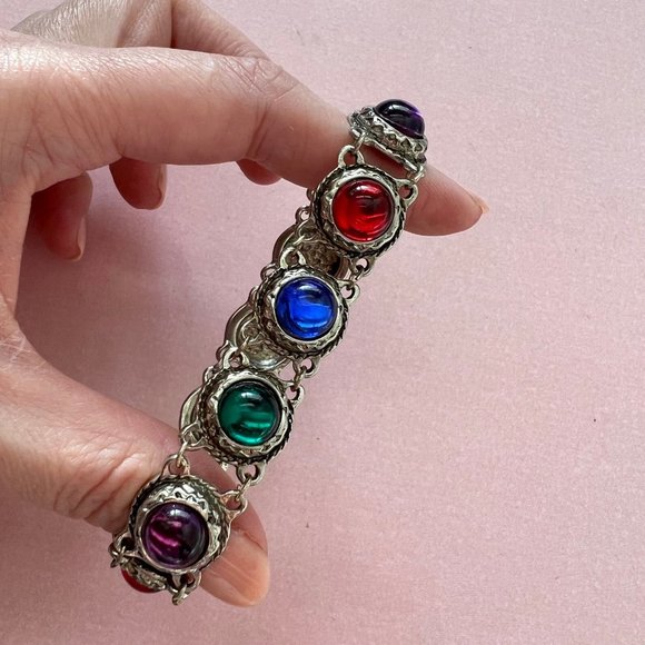 Colorful MCM Infinity Lucite Silver Tone Fold Over Clasp Estate Tennis Bracelet - Picture 7 of 7
